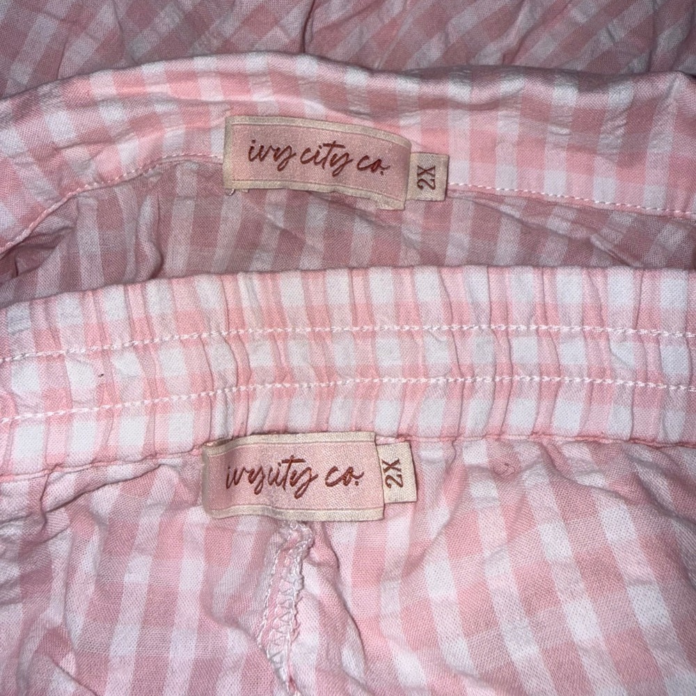 Ivy City Co Womens 2X Pink Gingham Pajama Set Feather Trim Cotton Loungewear